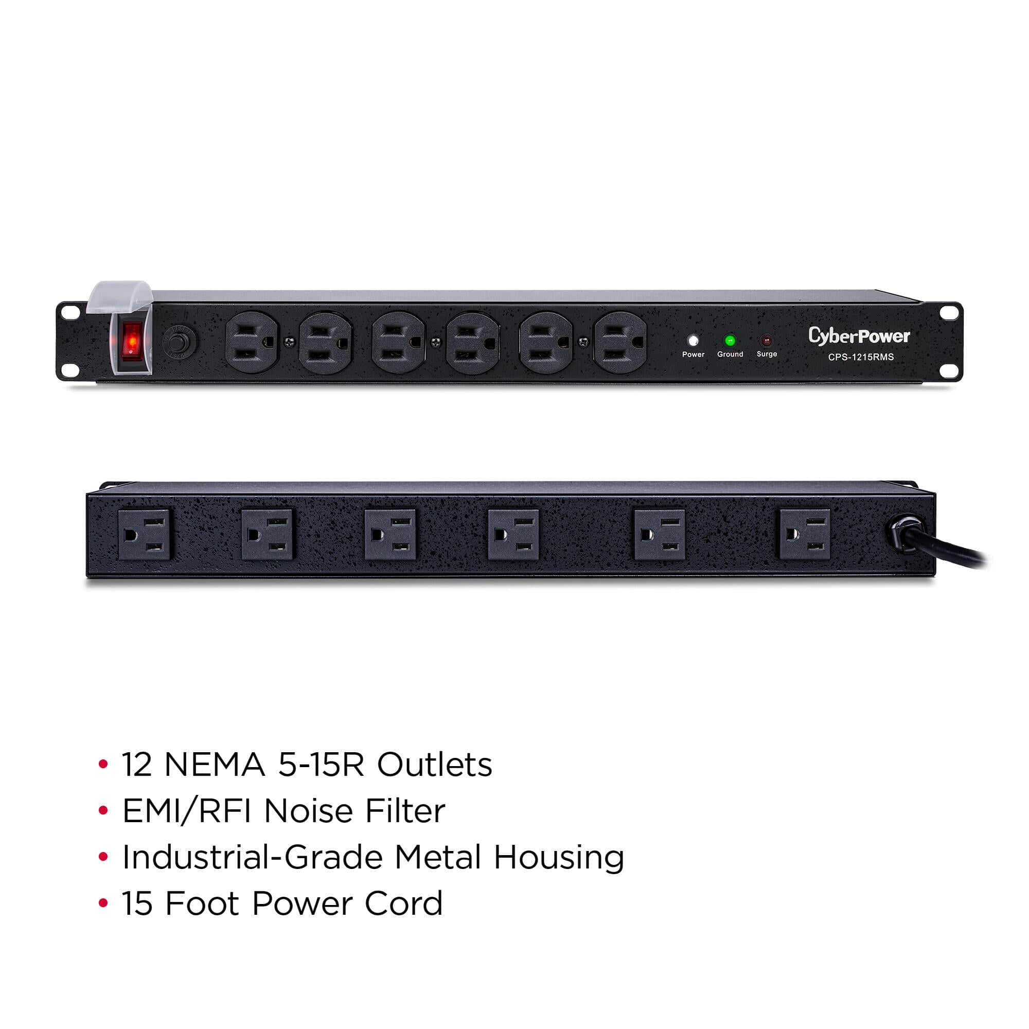 CyberPower Surge Protector, 120V/15A, 12 Outlets, 15 ft Power Cord, 1U Rackmount - Certified Refurbished - Image 3