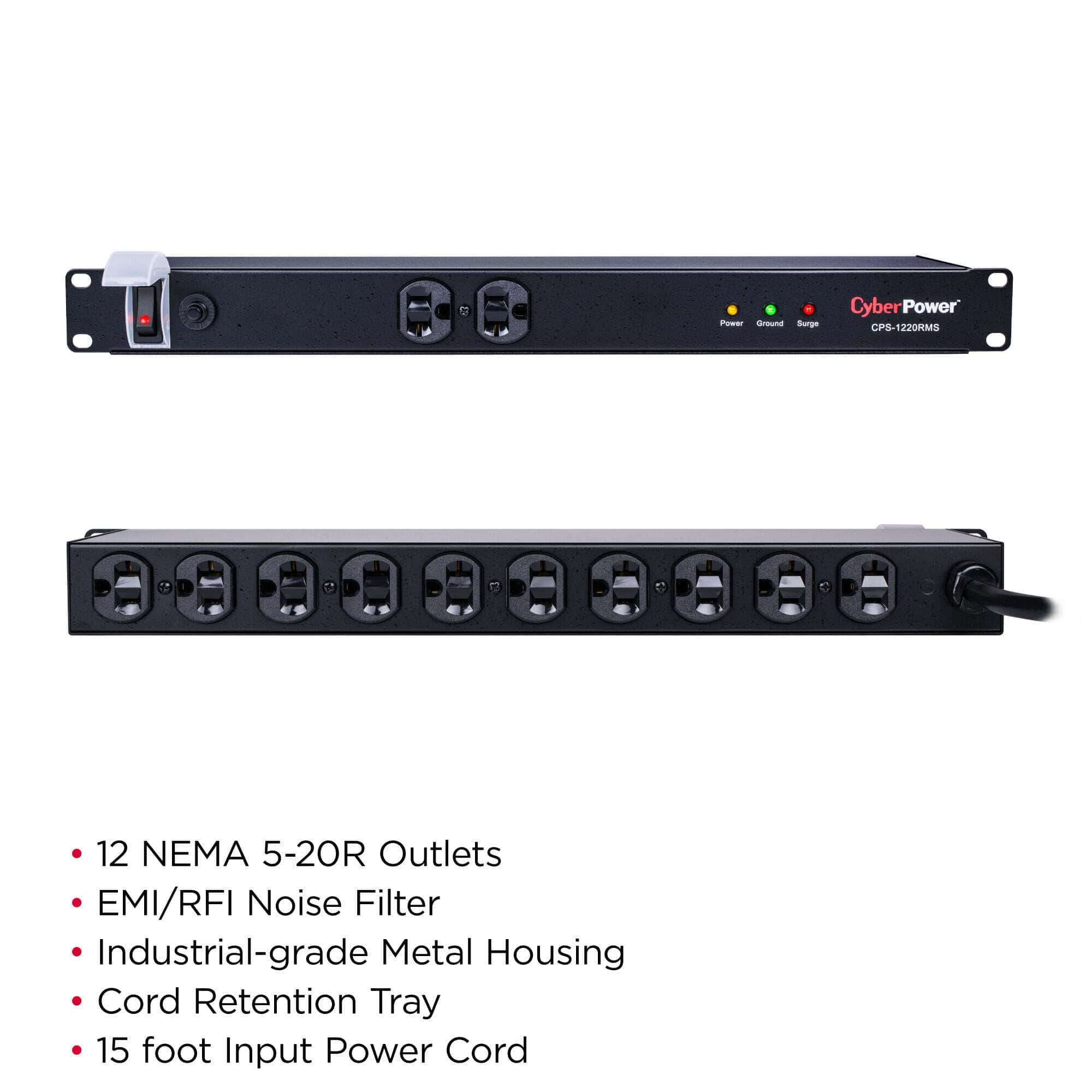 CyberPower Surge Protector, 120V/20A, 12 Outlets, 15 ft Power Cord, 1U Rackmount - Certified Refurbished - Image 3